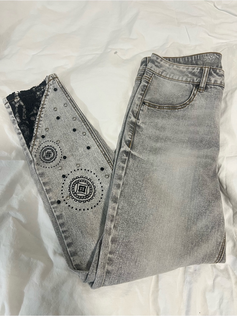 Desigual Gray Embellished Women’s Jeans with Lace Panel